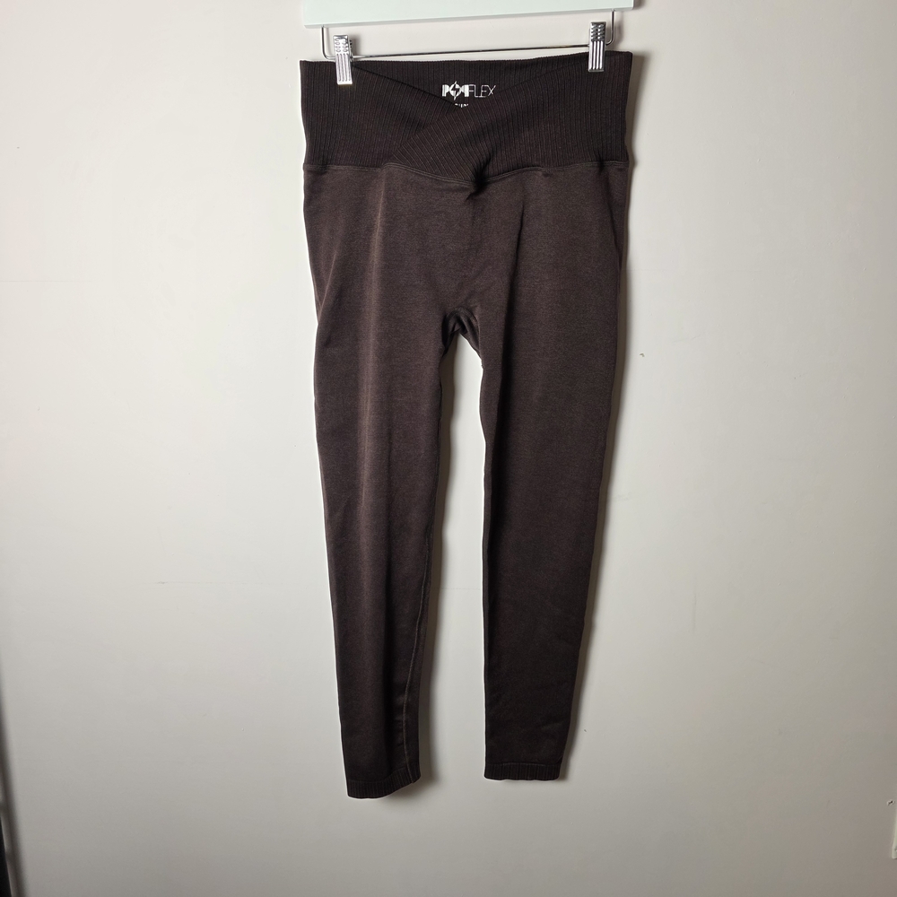 Popflex CurveFlex Ribbed High Rise Leggings Brown XL 10-12 Sculpting Gym Workout